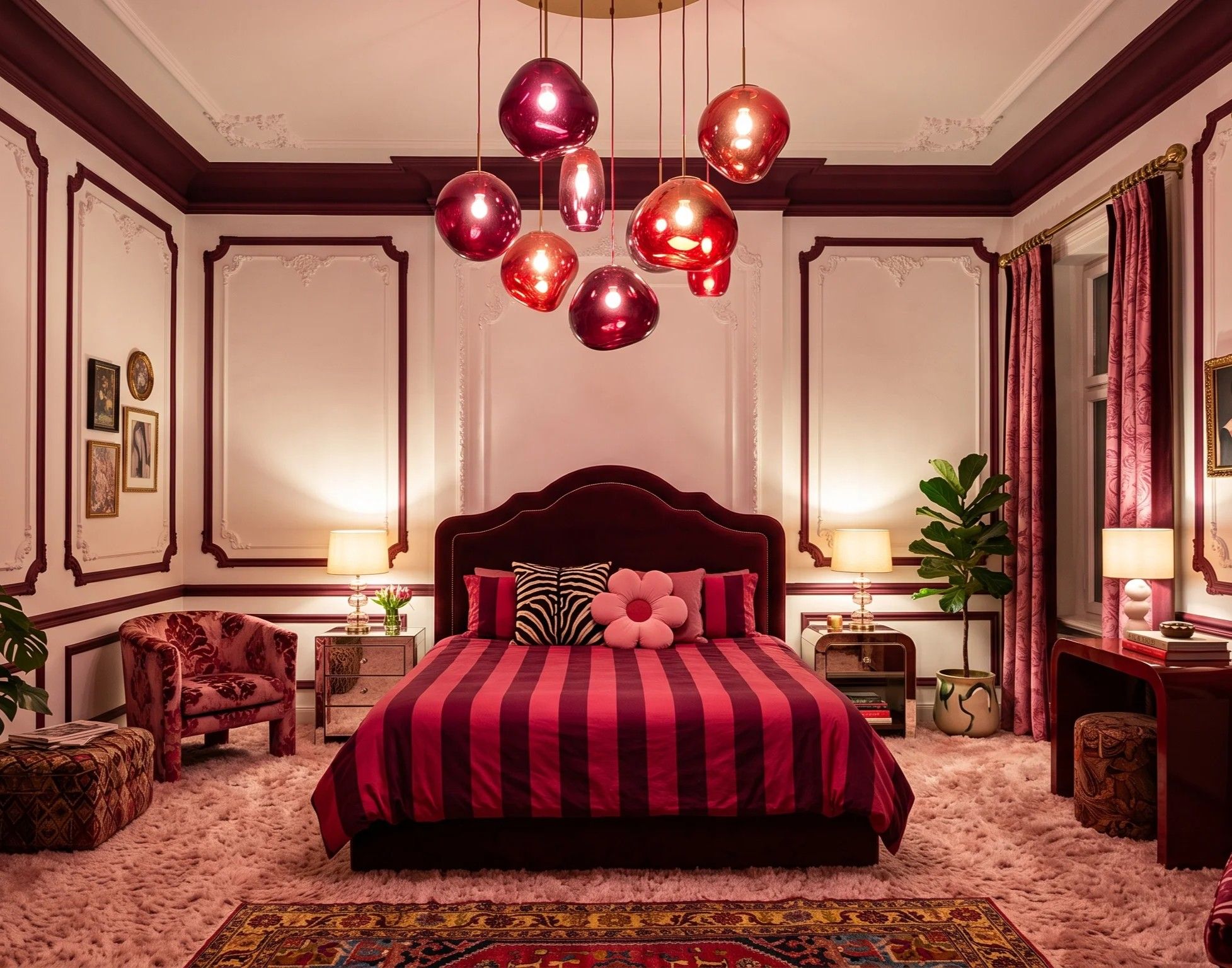 chambre bordeau - deco maximaliste
