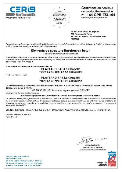 Certificat CE - Eléments de structure linéaires en béton - PLATTARD SAS La Chapelle de Guinchay photo