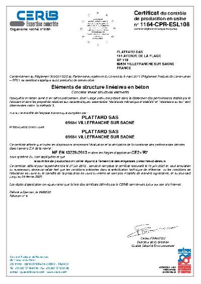 Certificat CE - Eléments de structure linéaires en béton - PLATTARD SAS Villefranche sur Saône photo